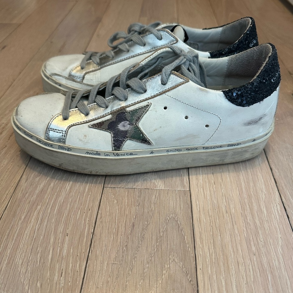 Golden Goose White Sneakers with Camo Star and Black Sparkle Heel - Size 38